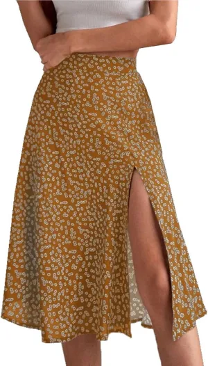 Women Boho Long Skirts Casual High Waist Floral Print Skirt Low Split Summer Beach Midi Wrap Skirts