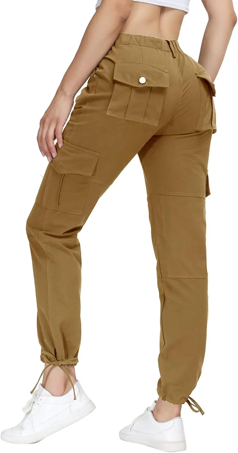 Women Cargo Pants High Waisted Casual Hiking Joggers Pants Adjustable Waist Cargos with 6 Pockets