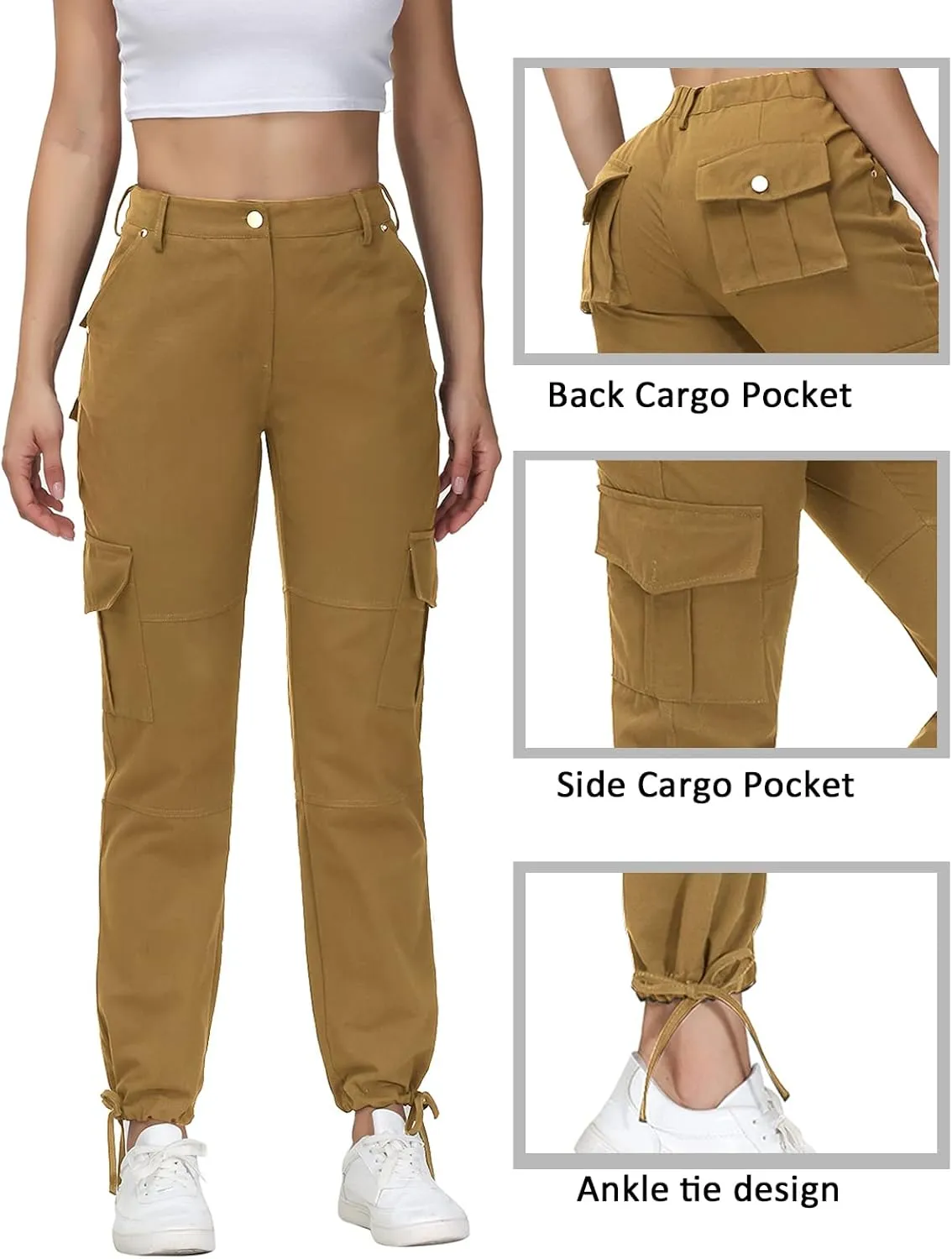 Women Cargo Pants High Waisted Casual Hiking Joggers Pants Adjustable Waist Cargos with 6 Pockets