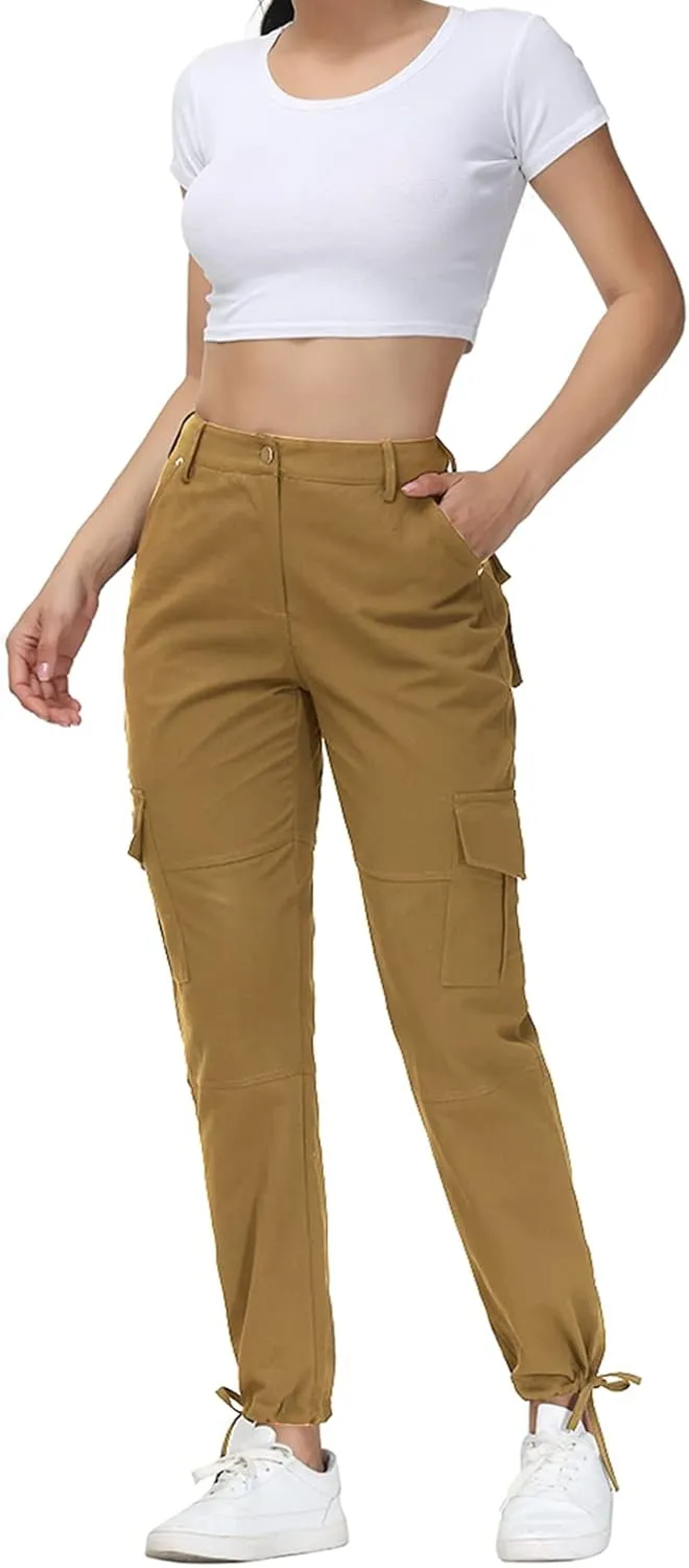 Women Cargo Pants High Waisted Casual Hiking Joggers Pants Adjustable Waist Cargos with 6 Pockets