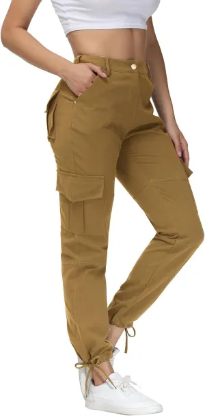 Women Cargo Pants High Waisted Casual Hiking Joggers Pants Adjustable Waist Cargos with 6 Pockets