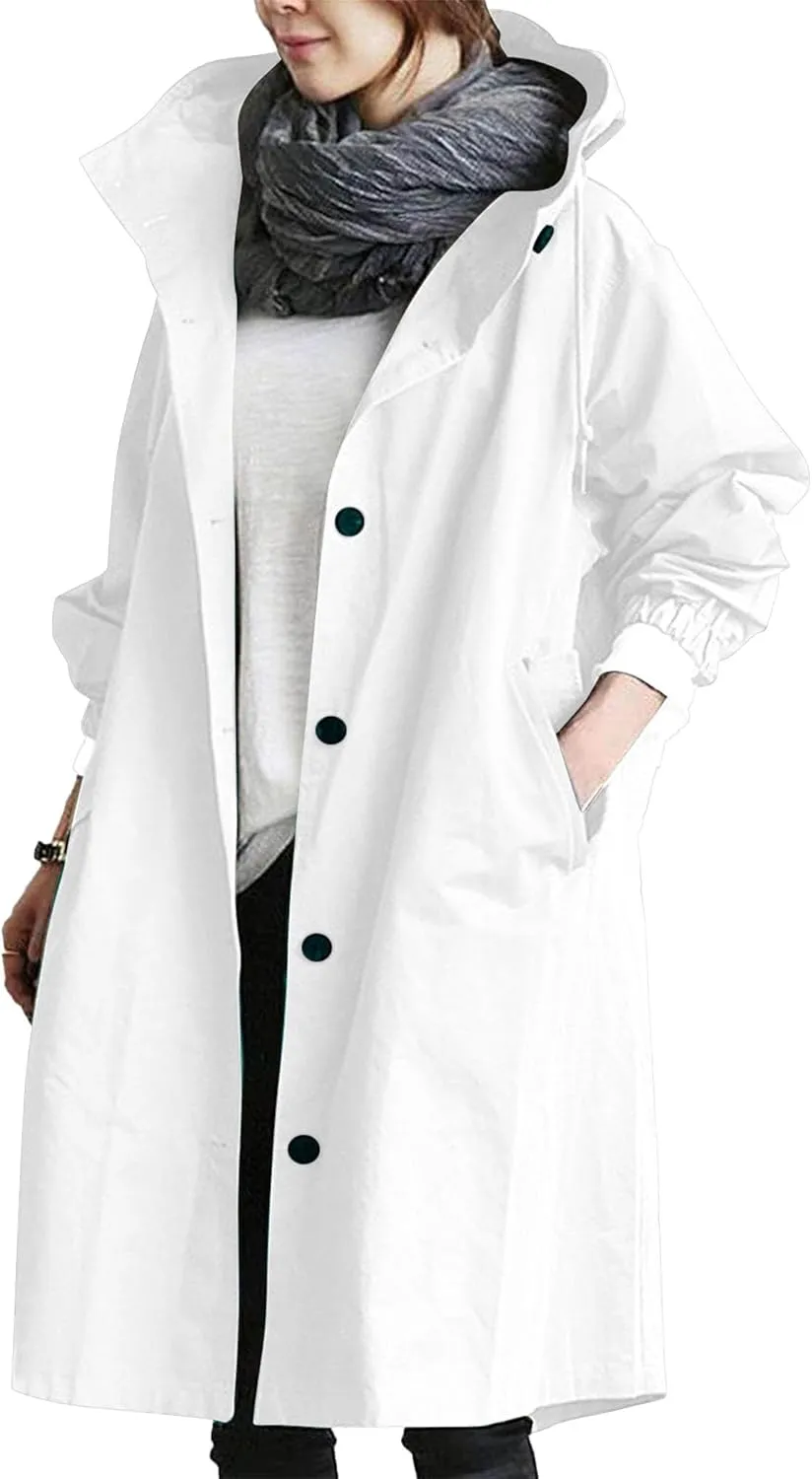 Women Hooded Windbreaker Trench Coat Single Breasted Windproof Long Overcoat Lightweight Fashion Jackets Outerwear