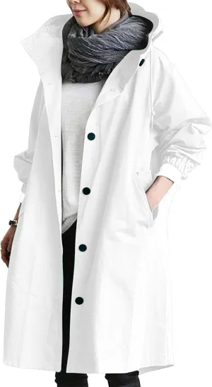 Women Hooded Windbreaker Trench Coat Single Breasted Windproof Long Overcoat Lightweight Fashion Jackets Outerwear