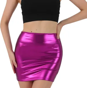 Women Metallic Patent PU Leather Skirt Shiny Mini Pencil Short Dress Tight Hip Skirts for Night Out Wear Dance Party