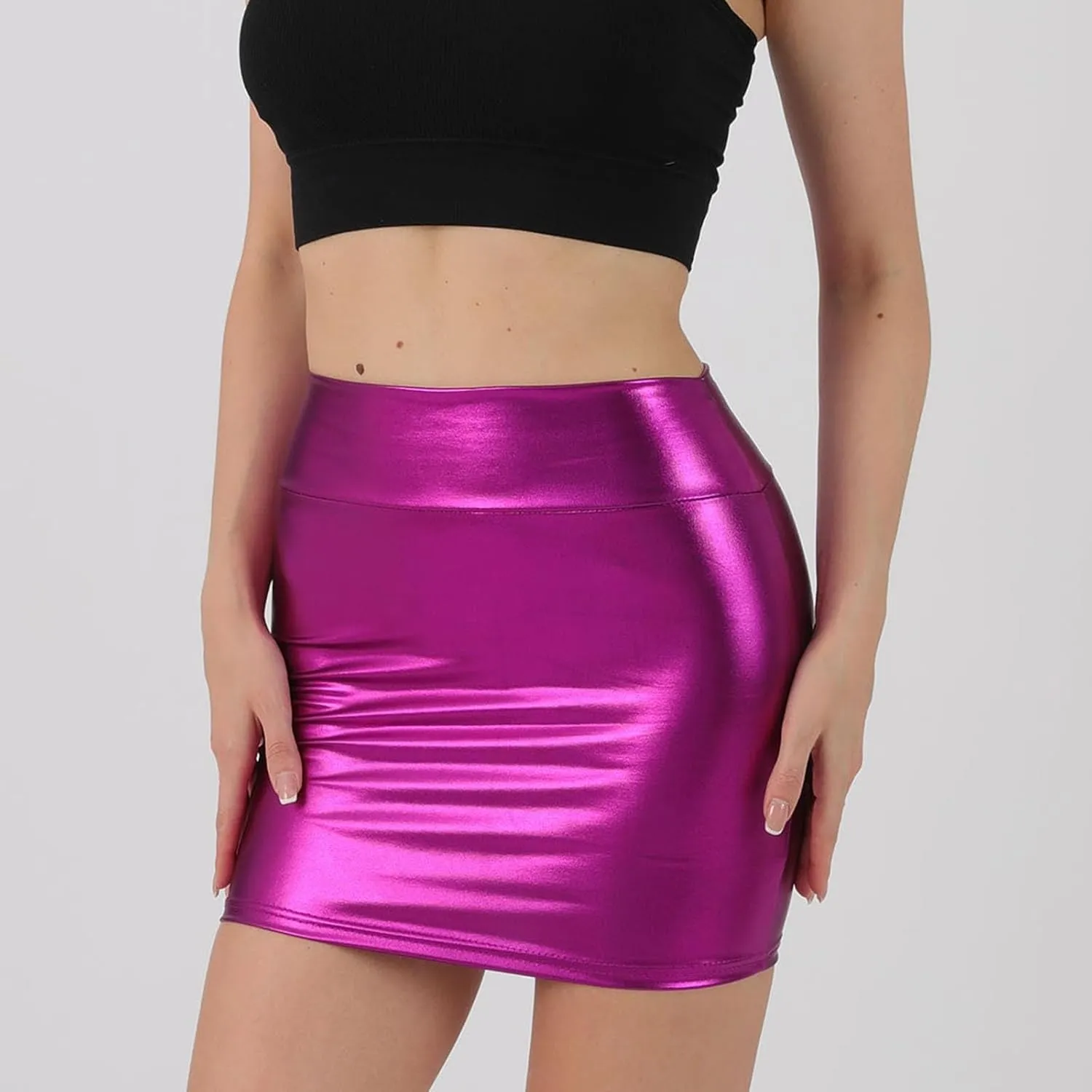 Women Metallic Patent PU Leather Skirt Shiny Mini Pencil Short Dress Tight Hip Skirts for Night Out Wear Dance Party