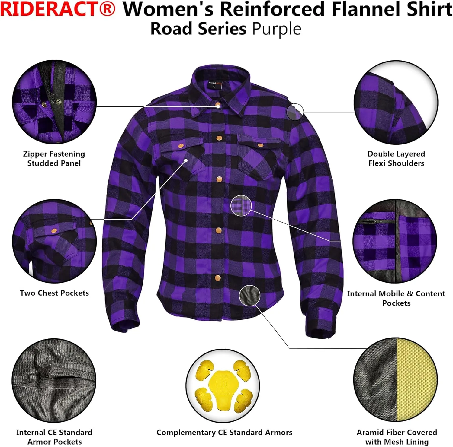 Women Motorcycle Flannel Shirt Road Series Pink & Black Motorbike Jacket Riding Gear Shirt with CE Armors