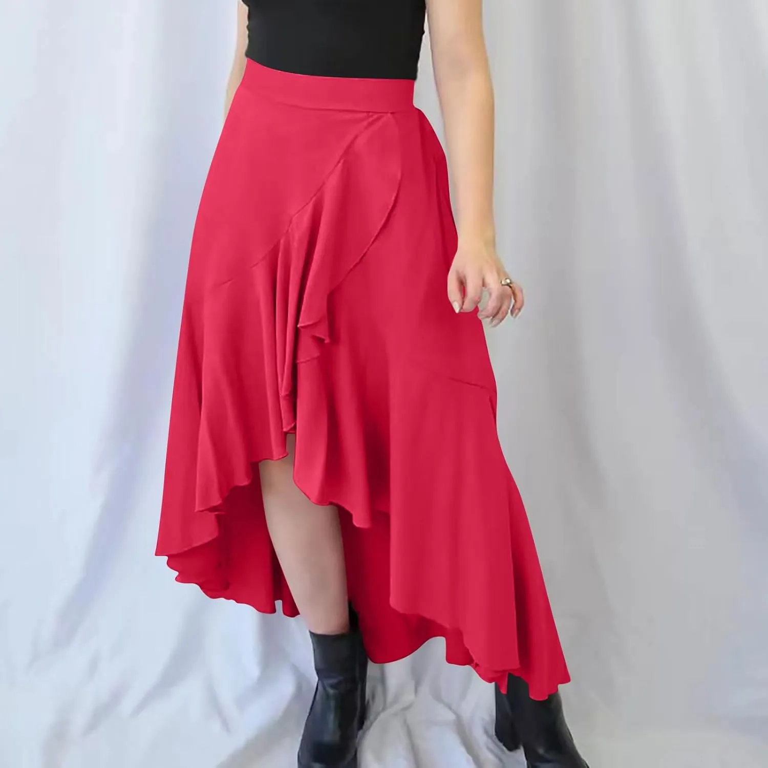 Women Ruffle Wrap Skirts Tie Waist High Low Asymmetrical Boho Midi Beach Skirt Flowy Summer Split Long Maxi Skirts