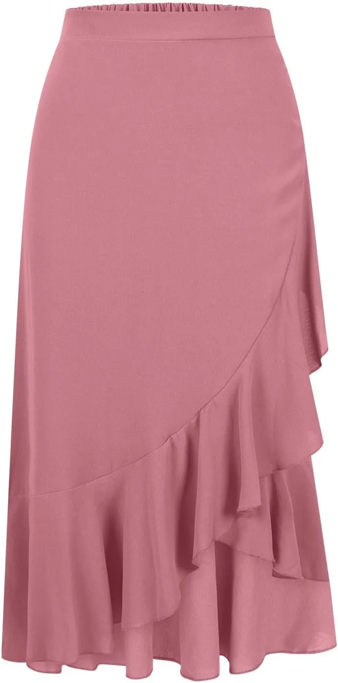 Women Ruffle Wrap Skirts Tie Waist High Low Asymmetrical Boho Midi Beach Skirt Flowy Summer Split Long Maxi Skirts