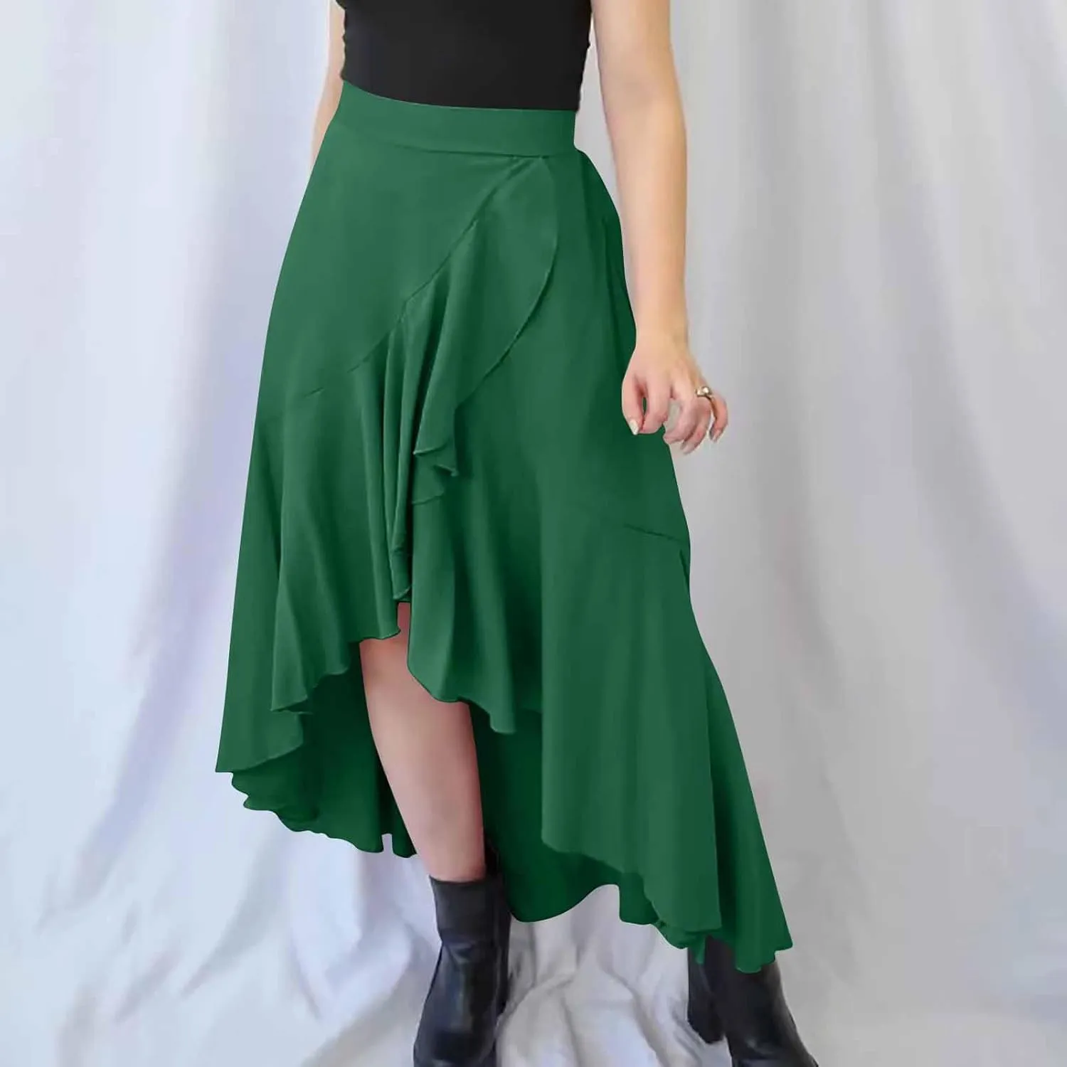 Women Ruffle Wrap Skirts Tie Waist High Low Asymmetrical Boho Midi Beach Skirt Flowy Summer Split Long Maxi Skirts