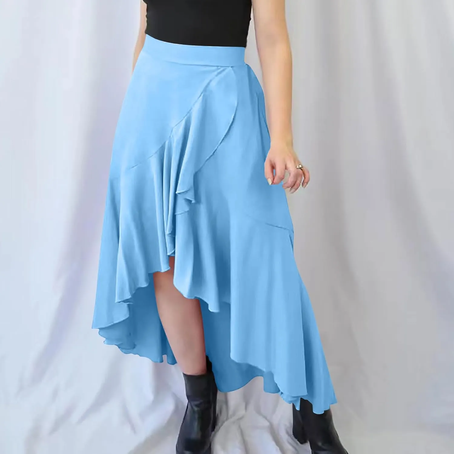 Women Ruffle Wrap Skirts Tie Waist High Low Asymmetrical Boho Midi Beach Skirt Flowy Summer Split Long Maxi Skirts