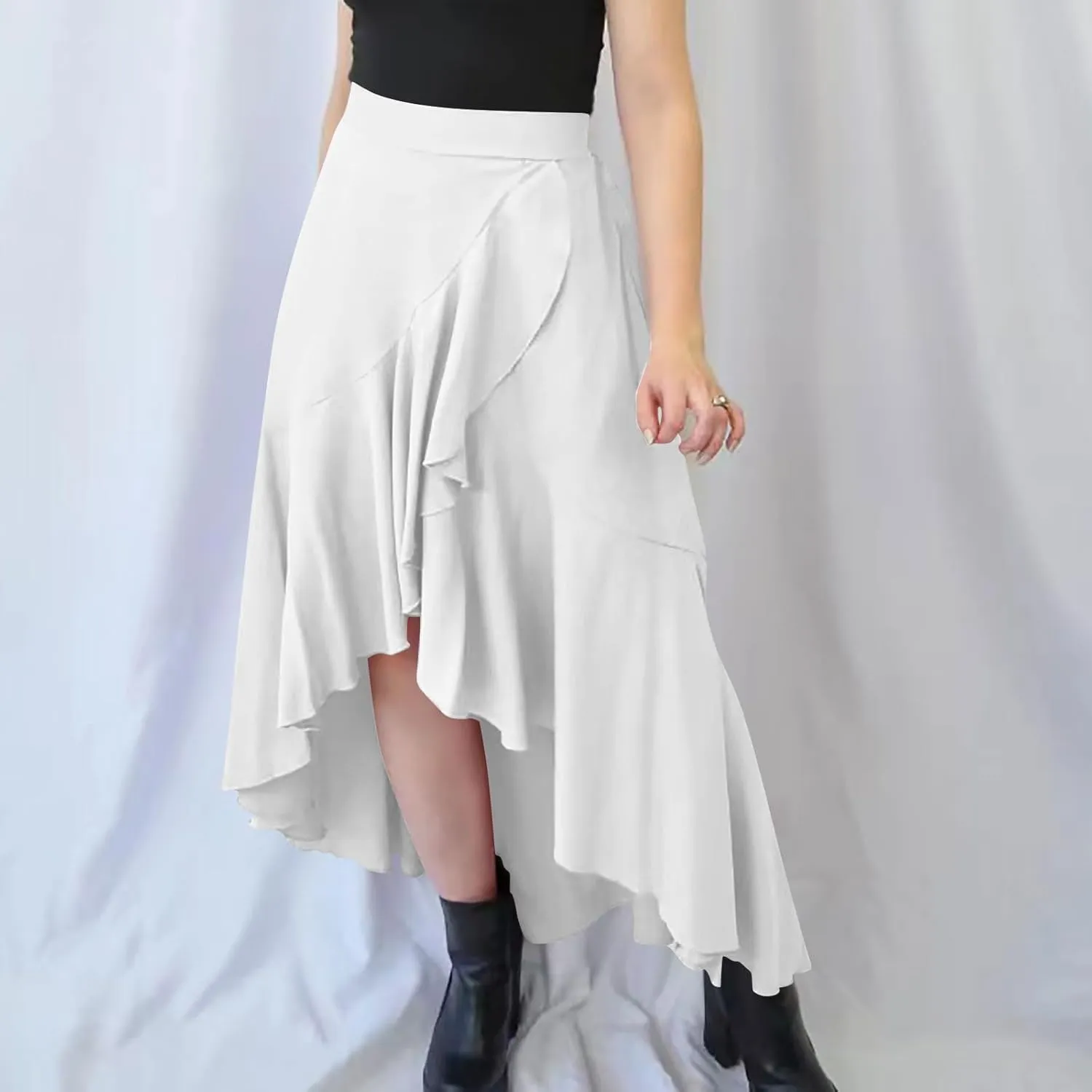 Women Ruffle Wrap Skirts Tie Waist High Low Asymmetrical Boho Midi Beach Skirt Flowy Summer Split Long Maxi Skirts