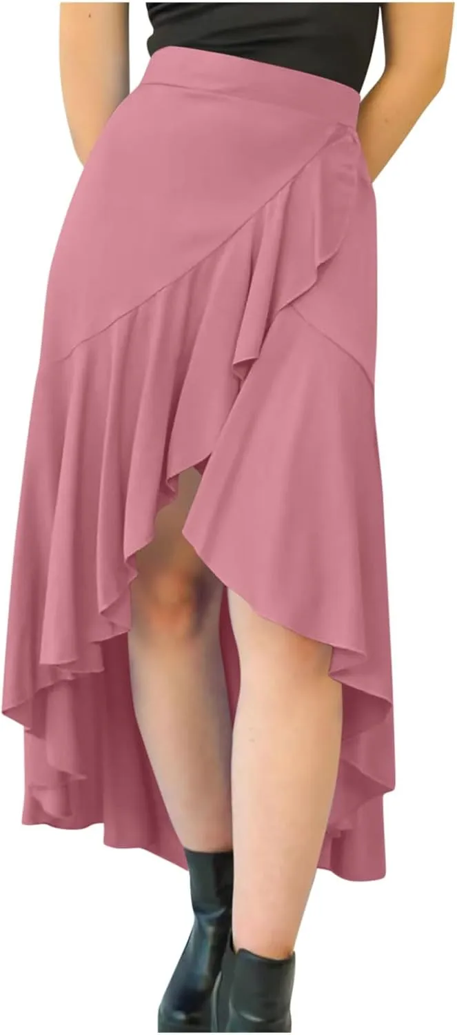 Women Ruffle Wrap Skirts Tie Waist High Low Asymmetrical Boho Midi Beach Skirt Flowy Summer Split Long Maxi Skirts