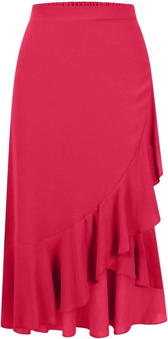 Women Ruffle Wrap Skirts Tie Waist High Low Asymmetrical Boho Midi Beach Skirt Flowy Summer Split Long Maxi Skirts