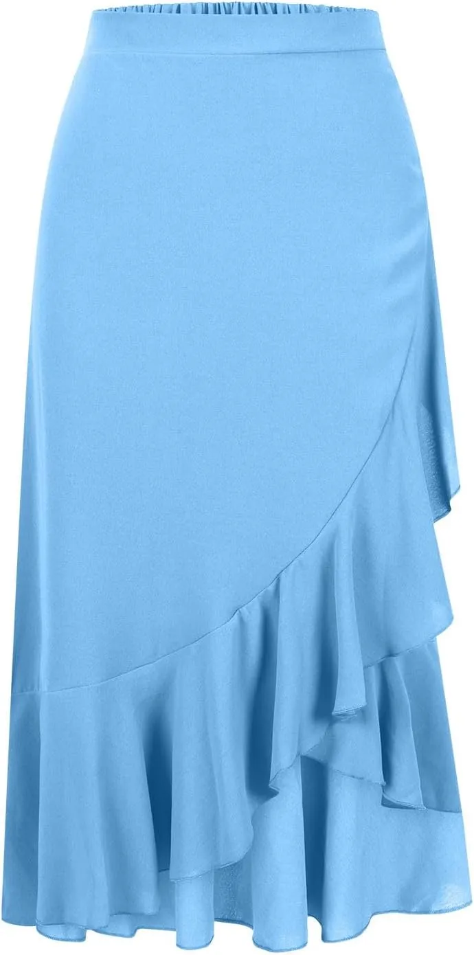Women Ruffle Wrap Skirts Tie Waist High Low Asymmetrical Boho Midi Beach Skirt Flowy Summer Split Long Maxi Skirts