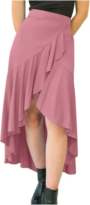 Women Ruffle Wrap Skirts Tie Waist High Low Asymmetrical Boho Midi Beach Skirt Flowy Summer Split Long Maxi Skirts