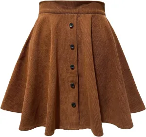 Women 's Vintage Button Front Mini Skirt High Waist Pleated Corduroy Skater Skirts Fashion A-Line Flared Skirt