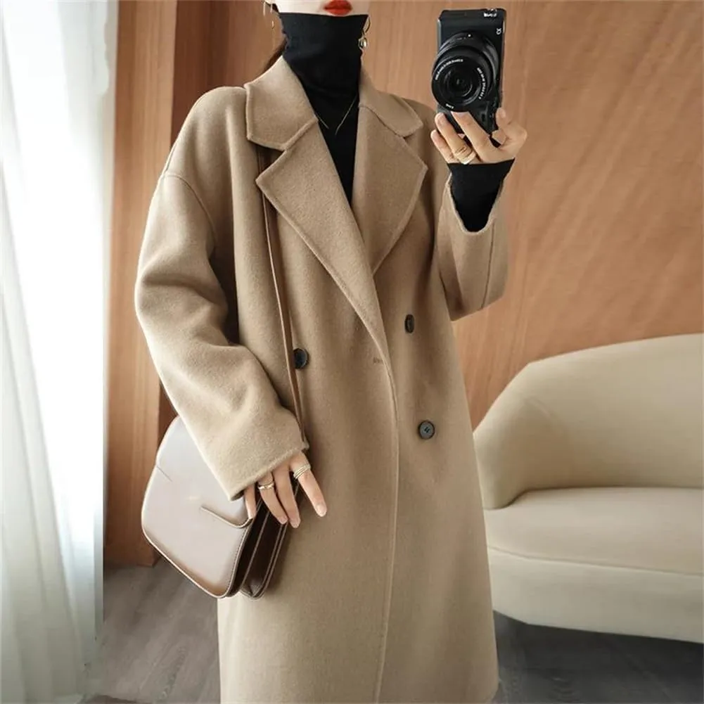 Women's 100% Wool Oversized Long Peacoats Notched Lapel Double Breasted Classic Trenchcoat