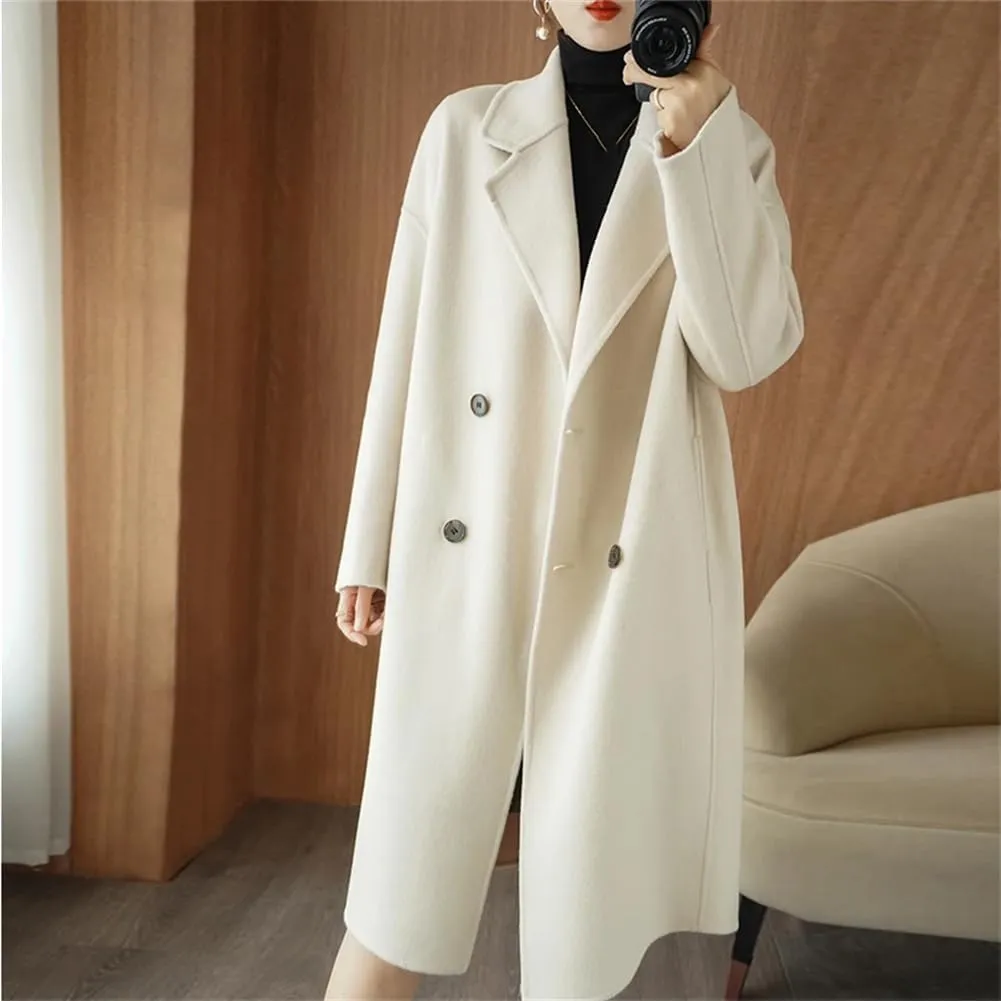 Women's 100% Wool Oversized Long Peacoats Notched Lapel Double Breasted Classic Trenchcoat
