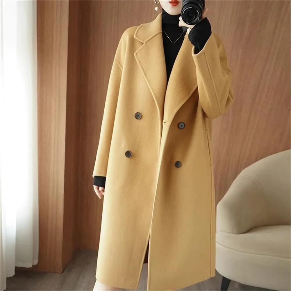 Women's 100% Wool Oversized Long Peacoats Notched Lapel Double Breasted Classic Trenchcoat