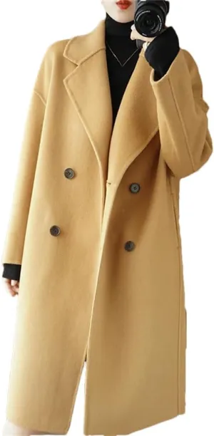 Women's 100% Wool Oversized Long Peacoats Notched Lapel Double Breasted Classic Trenchcoat