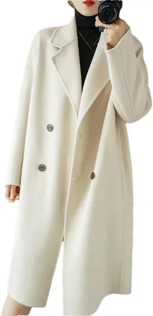 Women's 100% Wool Oversized Long Peacoats Notched Lapel Double Breasted Classic Trenchcoat