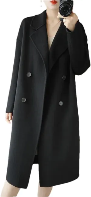 Women's 100% Wool Oversized Long Peacoats Notched Lapel Double Breasted Classic Trenchcoat