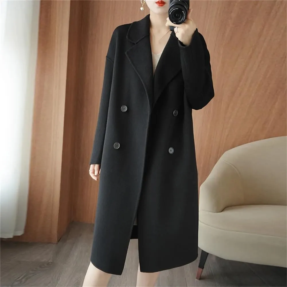 Women's 100% Wool Oversized Long Peacoats Notched Lapel Double Breasted Classic Trenchcoat