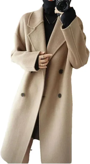 Women's 100% Wool Oversized Long Peacoats Notched Lapel Double Breasted Classic Trenchcoat