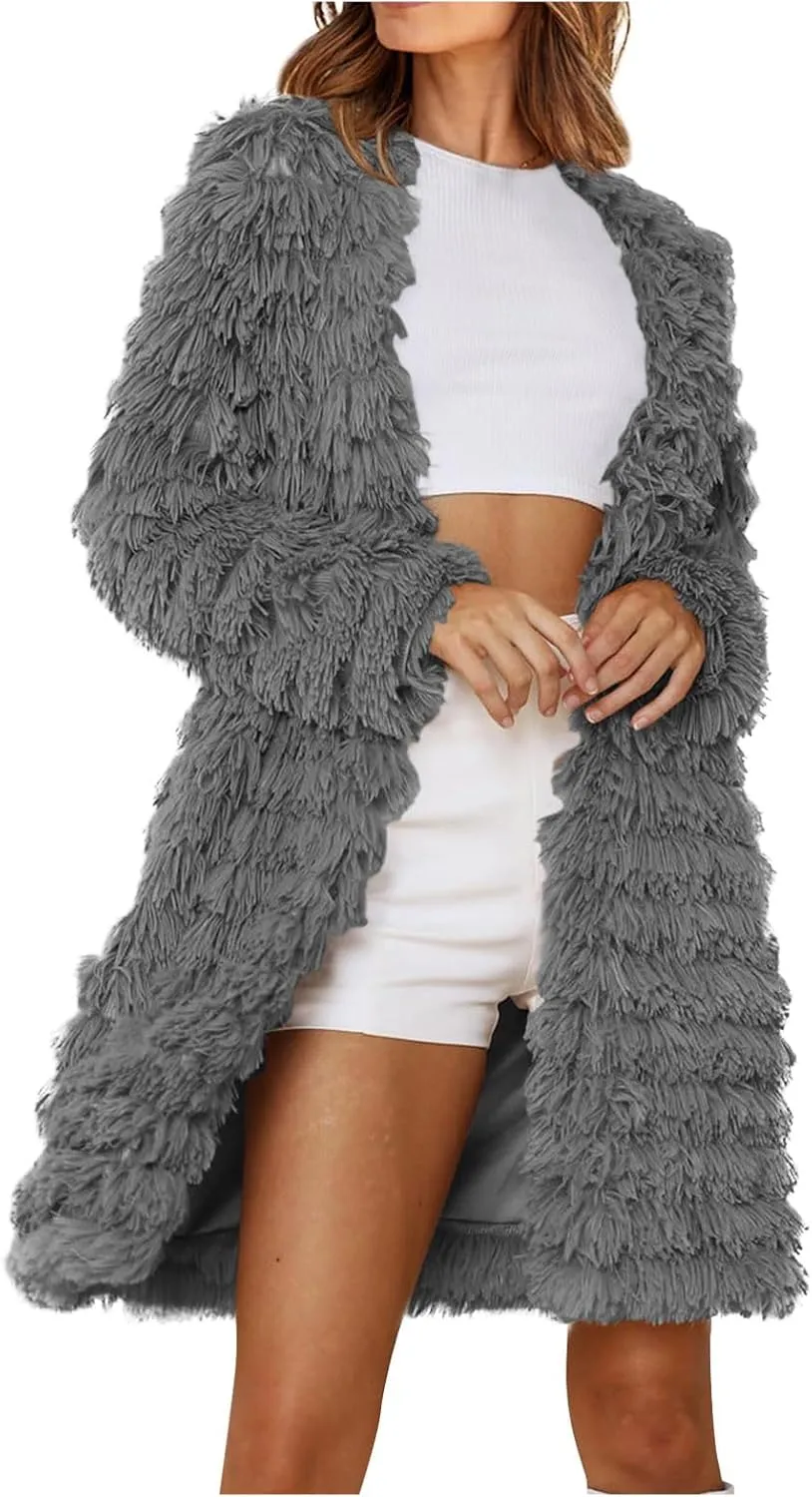 Women's 2023 Winter Faux Fur Jackets Fall Fashion Open Front Long Shaggy Coat Outerwear Tiered Maxi Faux Fur Cardigans