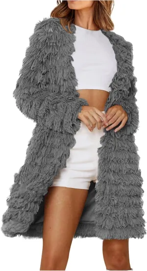 Women's 2023 Winter Faux Fur Jackets Fall Fashion Open Front Long Shaggy Coat Outerwear Tiered Maxi Faux Fur Cardigans
