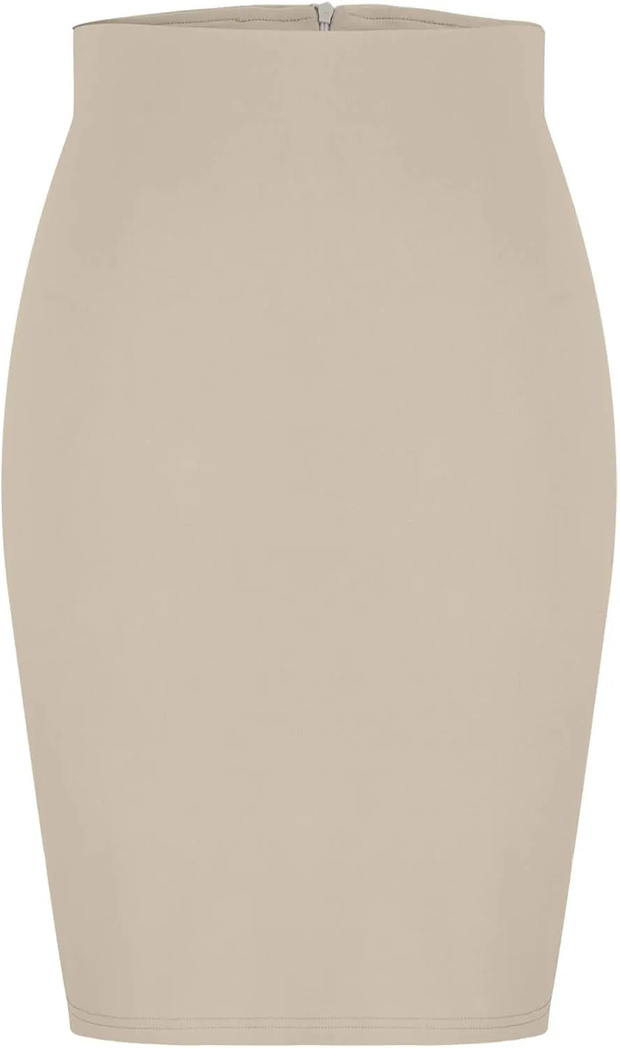 Women's Basic Midi Pencil Skirt Elastic High Waist Casual Formal Business Work Bodycon Stretch Short Wrap Skirts