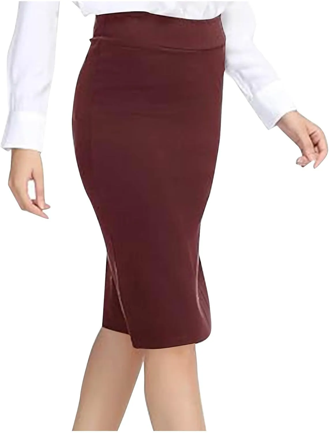 Women's Basic Midi Pencil Skirt Elastic High Waist Casual Formal Business Work Bodycon Stretch Short Wrap Skirts
