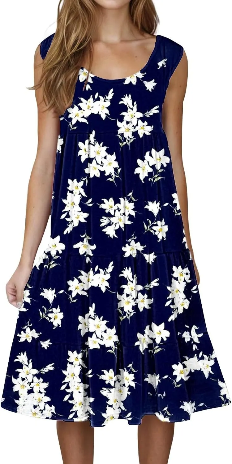 Women's Boho Flowy Short Sleeve Beach Dress Casual Sundresses Sexy Sleeveless Dress Flowy Midi Vacation Swim Cover