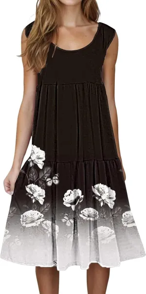 Women's Boho Flowy Short Sleeve Beach Dress Casual Sundresses Sexy Sleeveless Dress Flowy Midi Vacation Swim Cover