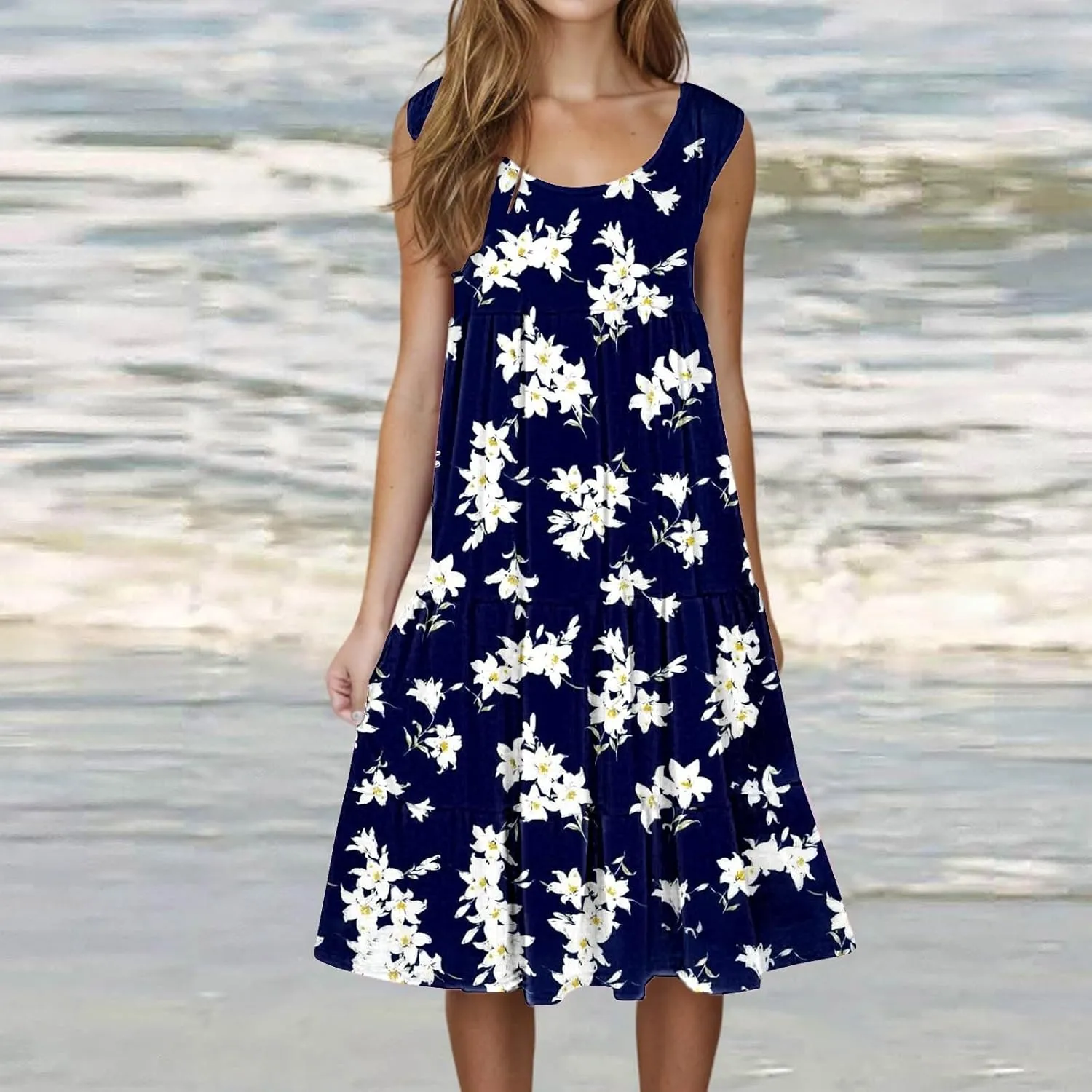 Women's Boho Flowy Short Sleeve Beach Dress Casual Sundresses Sexy Sleeveless Dress Flowy Midi Vacation Swim Cover