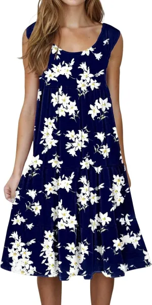 Women's Boho Flowy Short Sleeve Beach Dress Casual Sundresses Sexy Sleeveless Dress Flowy Midi Vacation Swim Cover