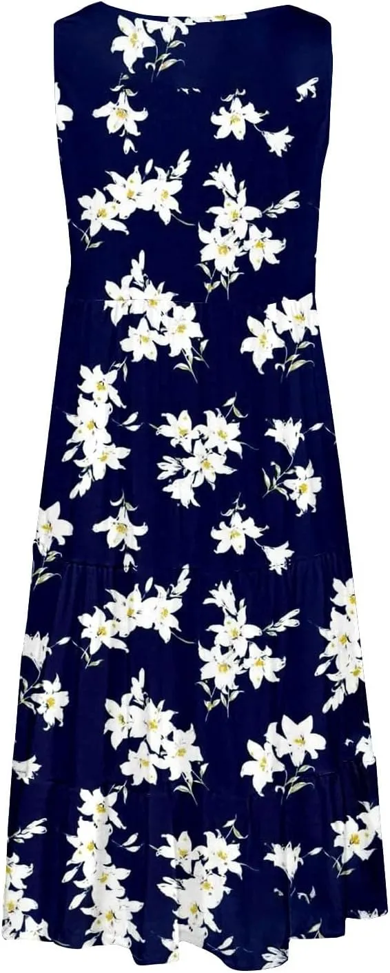 Women's Boho Flowy Short Sleeve Beach Dress Casual Sundresses Sexy Sleeveless Dress Flowy Midi Vacation Swim Cover