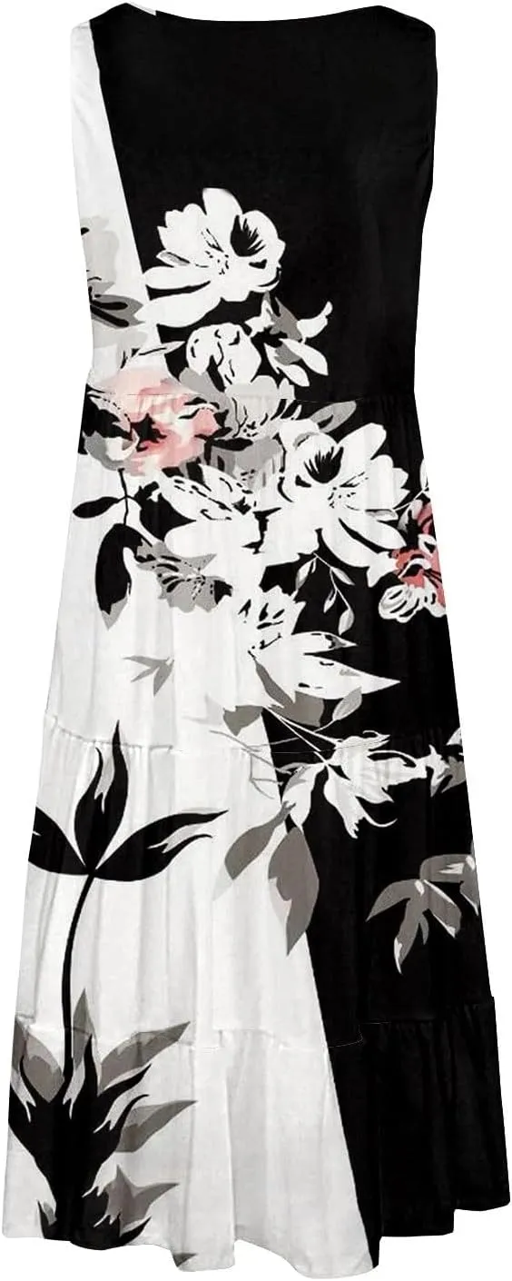 Women's Boho Flowy Short Sleeve Beach Dress Casual Sundresses Sexy Sleeveless Dress Flowy Midi Vacation Swim Cover