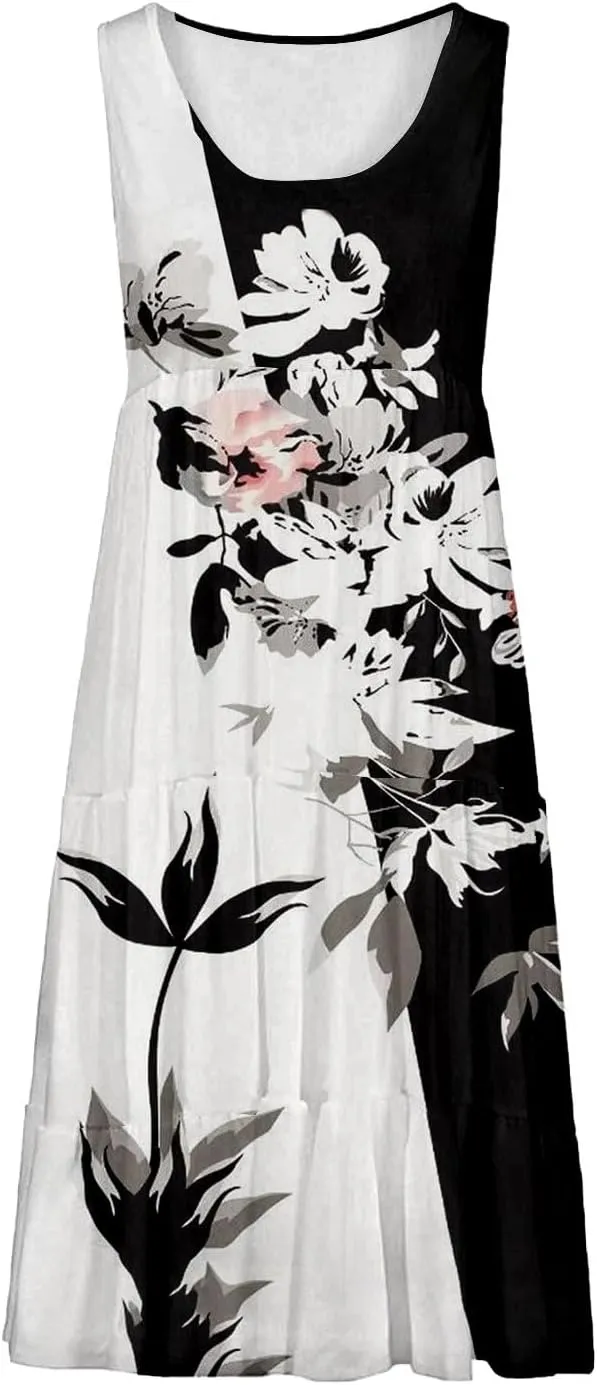 Women's Boho Flowy Short Sleeve Beach Dress Casual Sundresses Sexy Sleeveless Dress Flowy Midi Vacation Swim Cover