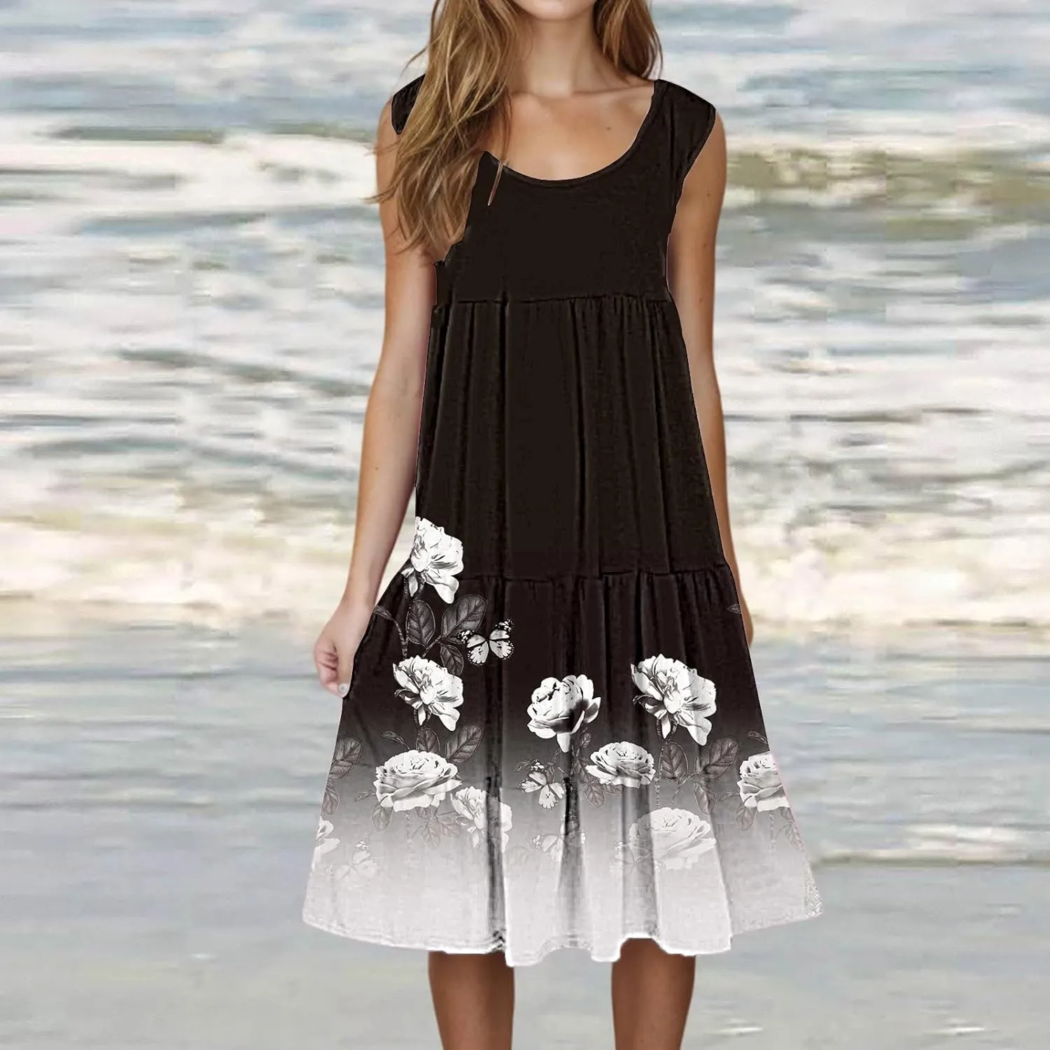 Women's Boho Flowy Short Sleeve Beach Dress Casual Sundresses Sexy Sleeveless Dress Flowy Midi Vacation Swim Cover