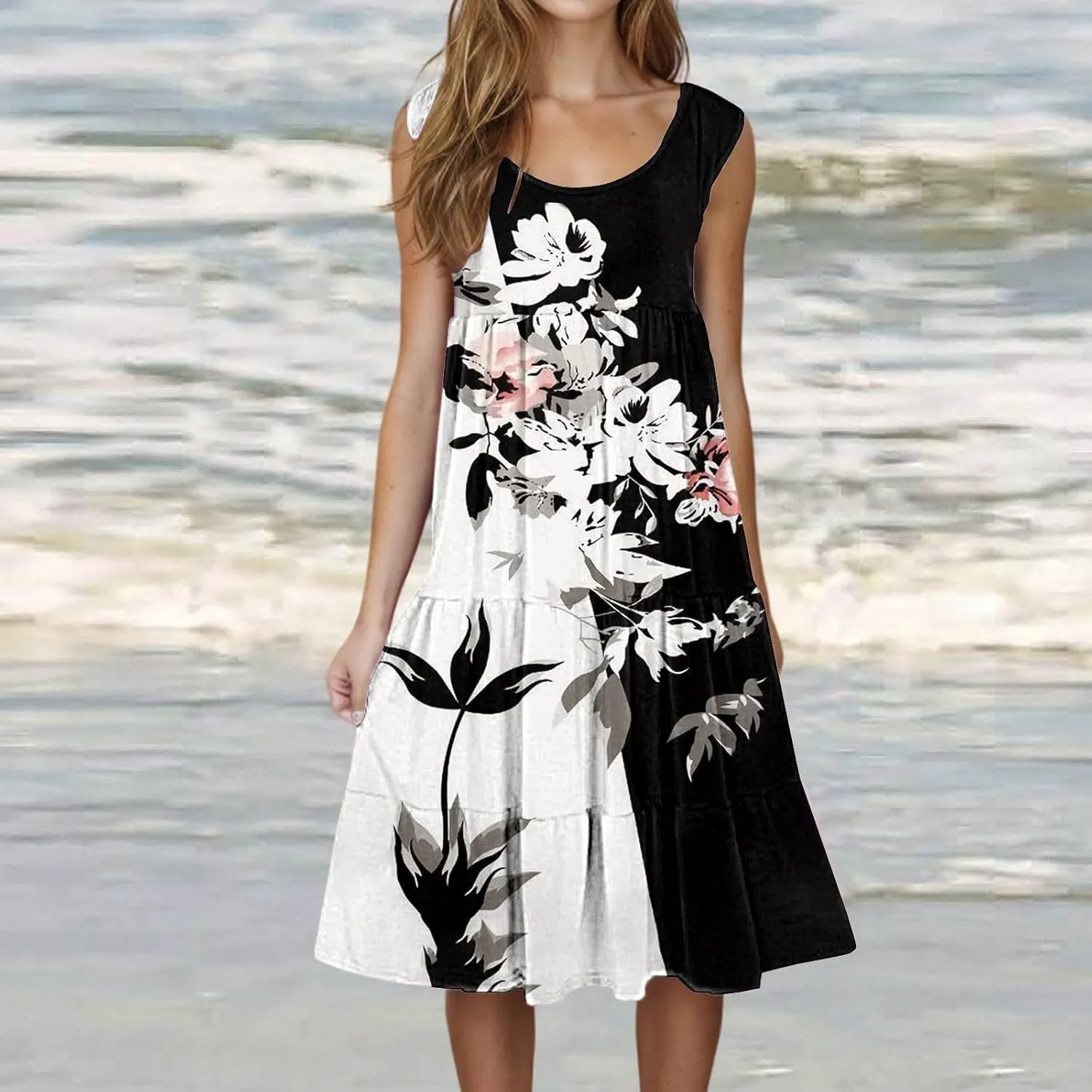Women's Boho Flowy Short Sleeve Beach Dress Casual Sundresses Sexy Sleeveless Dress Flowy Midi Vacation Swim Cover
