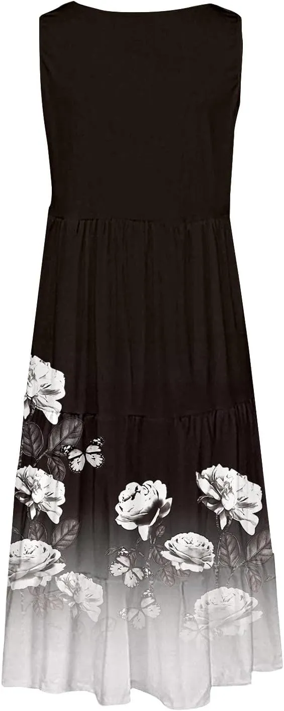 Women's Boho Flowy Short Sleeve Beach Dress Casual Sundresses Sexy Sleeveless Dress Flowy Midi Vacation Swim Cover