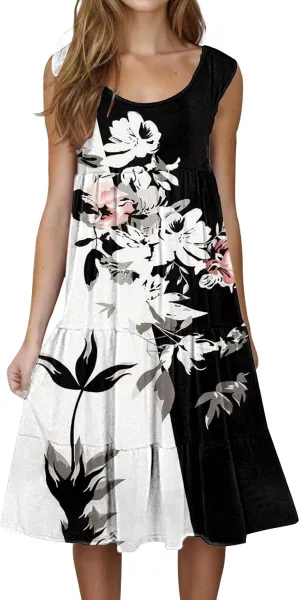 Women's Boho Flowy Short Sleeve Beach Dress Casual Sundresses Sexy Sleeveless Dress Flowy Midi Vacation Swim Cover