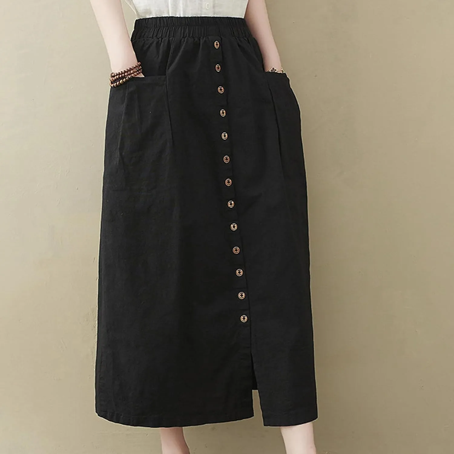 Women's Casual Button Long Skirt High Waist Pleated Solid Color Front Slit Skirt Summer Trendy Skirts with Pockets