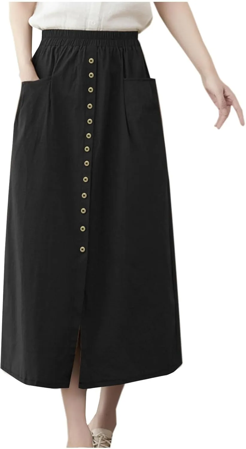 Women's Casual Button Long Skirt High Waist Pleated Solid Color Front Slit Skirt Summer Trendy Skirts with Pockets