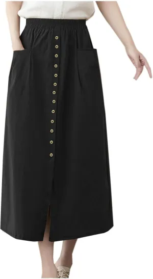 Women's Casual Button Long Skirt High Waist Pleated Solid Color Front Slit Skirt Summer Trendy Skirts with Pockets