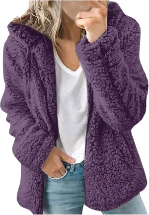 Womens Casual Plush Warm Winter Jacket Fuzzy Fleece Hooded Trench Fashion Hoodie Long Sleeve Zip Up Open Front Cardigan