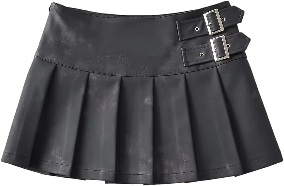 Women's Casual PU Leather Mini Skirt Buckled A-Line Cut Pleated Skirts