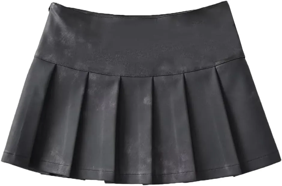 Women's Casual PU Leather Mini Skirt Buckled A-Line Cut Pleated Skirts