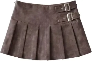 Women's Casual PU Leather Mini Skirt Buckled A-Line Cut Pleated Skirts